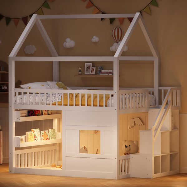 English Elm Full Size Solid Wood House Bed with Led Shelf Lighting for Kids Bedroom White N7500005026K