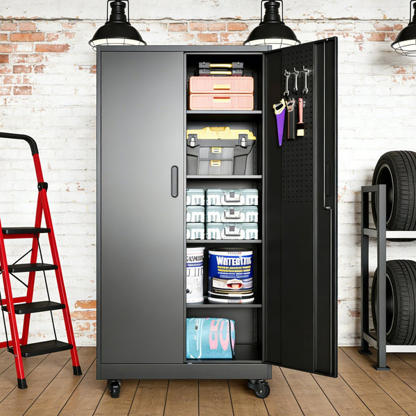 English Elm Heavy Steel Garage Cabinet with Pegboard Doors Locking Wheels and Adjustable Shelving T2398P465997