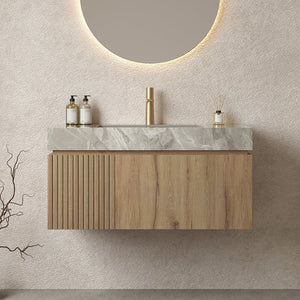 English Elm MURI Modern Wall-Mounted Vanity with Sintered Stone Top and Ceramic Basin, Plywood Cabinet, 39" Light Gray,White Oak W2615S00338