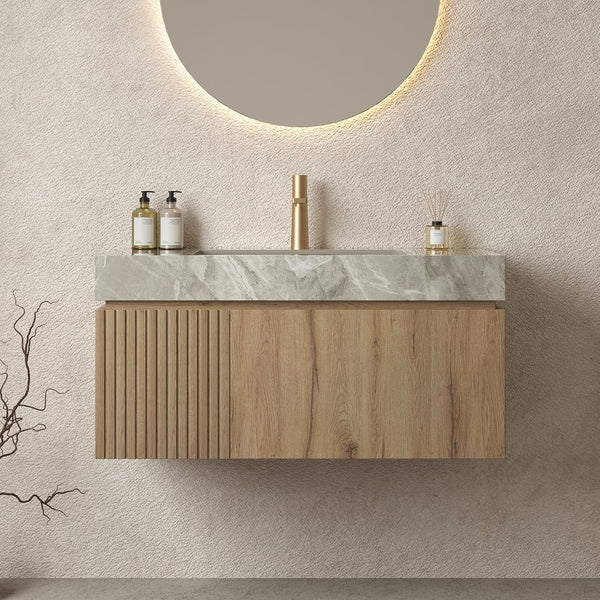 English Elm MURI Modern Wall-Mounted Vanity with Sintered Stone Top and Ceramic Basin, Plywood Cabinet, 39" Light Gray,White Oak W2615S00338
