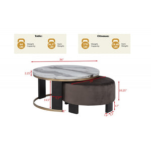 English Elm Nesting Marble-Top Coffee Table Set with Velvet Ottoman, Brass Frame, Dark Wood Legs — Modern Chic Living Room B011P355867