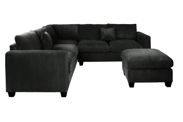 English Elm 4pc Corduroy Sectional Sofa Set with Ottoman Corner Wedge and Low-profile Modern Legs Black B011S02227