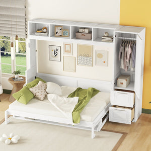 English Elm Queen Murphy Wall Bed with Integrated Wardrobe and Drawers for Studio or Guest Room White LP000793AAK-2