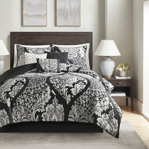 English Elm 7 Piece Cotton Comforter Set - Elegant Black Queen Collection With Damask Design & Luxury Accents B03597261