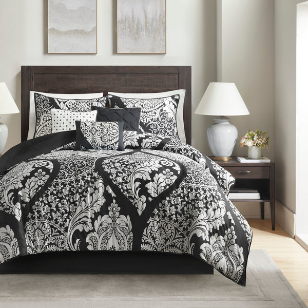 English Elm 7 Piece Cotton Comforter Set - Elegant Black Queen Collection With Damask Design & Luxury Accents B03597261