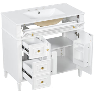 English Elm 36 Inch Freestanding Bathroom Vanity Sage Pine Cabinet Gold Hardware Ceramic Sink White N725P366468K
