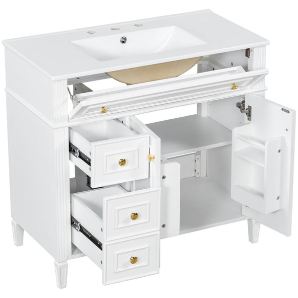 English Elm 36 Inch Freestanding Bathroom Vanity Sage Pine Cabinet Gold Hardware Ceramic Sink White N725P366468K