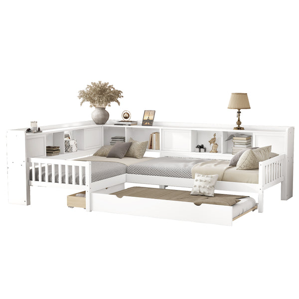 English Elm L-shaped Twin Platform Bed with Trundle, Solid Wood Corner Sleeper with Drawers, Shelves, No Box Spring Needed White W1580S00259