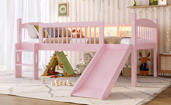 English Elm Twin Low Loft Bed Solid Pine Frame with Built-in Led Lighting and Storage Shelves Pink W1580P395929