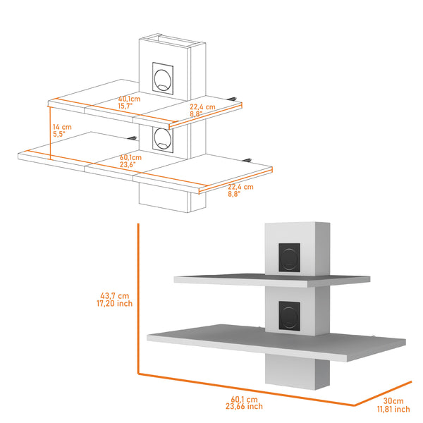 English Elm Minot Modern Floating Shelf Dual-Tier Wall Unit with Cable Management Covers, White MDF Finish B128P176177