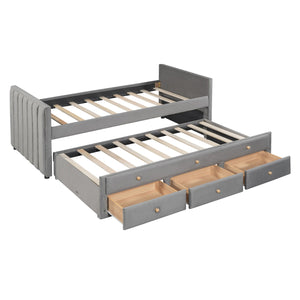 English Elm Twin Upholstered Daybed with Pull-Out Trundle and 3 Drawers, Velvet Finish, Solid Frame, Slat Kit Included Gray SF000147AAE