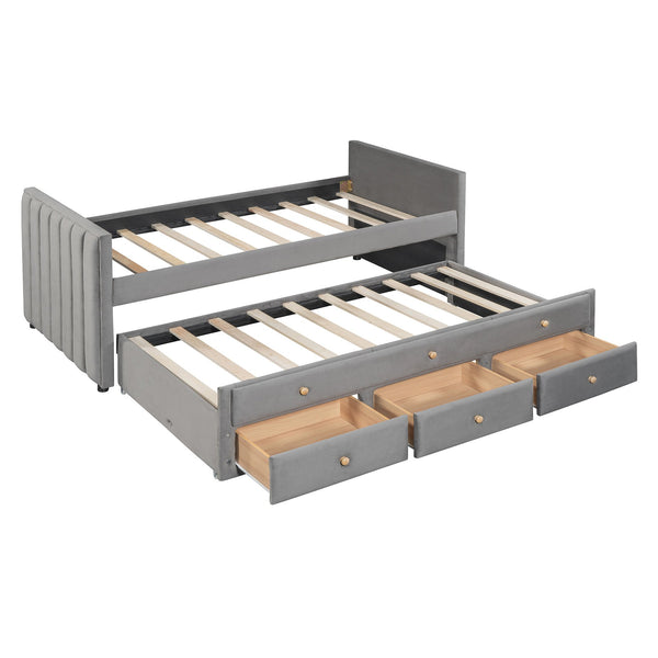 English Elm Twin Upholstered Daybed with Pull-Out Trundle and 3 Drawers, Velvet Finish, Solid Frame, Slat Kit Included Gray SF000147AAE