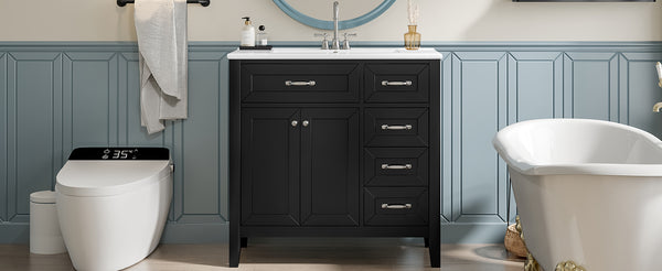 English Elm 36" Modern Bathroom Vanity With Sink Combo, Sleek Black Cabinet, Durable Storage & Stylish Design N725P246491B