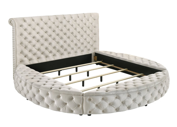 English Elm Unique Round Plush Velvet Button-Tufted Storage Bed Queen with Studded Headboard and 2 Nightstands Set Ivory,White 54.75 L x 79.5 W x 8.25 H B2741S00099
