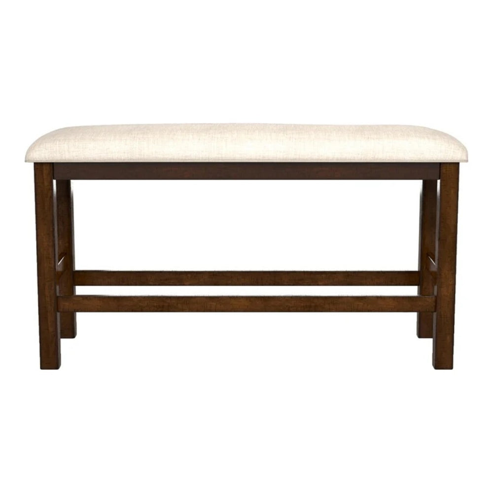 English Elm Rustic Counter Height Bench 46.5" Solid Wood Oak Finish with Beige Fabric Cushion and Welts, 25" Seat Height B2741P367177