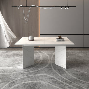 English Elm Extendable Faux Marble Dining Table with V-Legs — Sleek Expandable Conference & Kitchen Centerpiece for 6–10 White W1347S00015