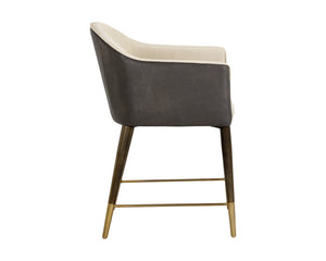 Sunpan Kylin Dining Armchair: Modern Barrel Back Design in Cream Faux Leather with Brass Steel Legs