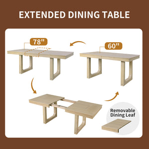 English Elm 7 Extendable Dining Table Set with 18" Leaf and 6 Upholstered Chairs — Rustic Farmhouse 60–78" Wood Veneer Table Natural N752S000090N