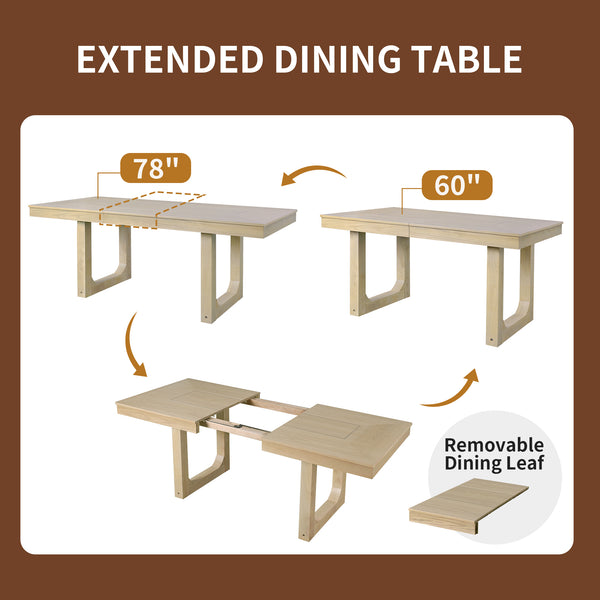 English Elm 7 Extendable Dining Table Set with 18" Leaf and 6 Upholstered Chairs — Rustic Farmhouse 60–78" Wood Veneer Table Natural N752S000090N
