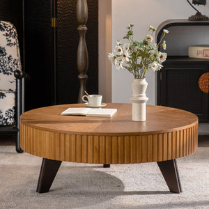 English Elm 39.37" Round Retro Coffee Table Solid Wood Legs Lower Shelf Natural Living Room W757P370275