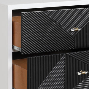 English Elm White patterned nightstand with 2 self-closing drawers, turned wooden legs, elegant black accents B062P185704