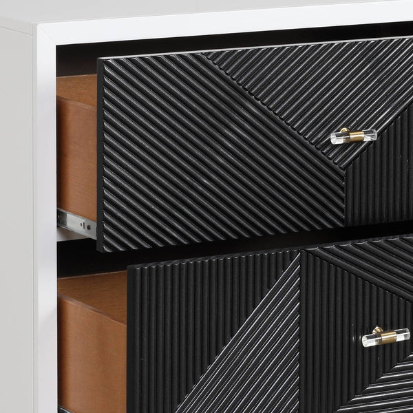 English Elm White patterned nightstand with 2 self-closing drawers, turned wooden legs, elegant black accents B062P185704