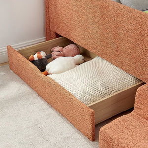 English Elm Twin Boucle Upholstered Kids Bed with Guardrails Built in Storage and Cushioned Step Stool Orange W1413P433367