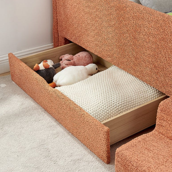 English Elm Twin Boucle Upholstered Kids Bed with Guardrails Built in Storage and Cushioned Step Stool Orange W1413P433367