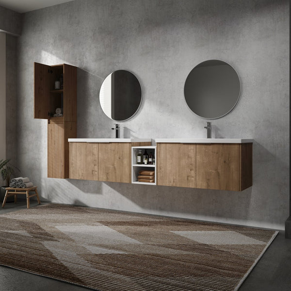 English Elm 84" Wall-Mounted Bathroom Vanity Set With Soft-Close Doors, Dual Sinks & Abundant Storage Space W999S00233