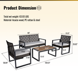 English Elm 4-Piece Patio Furniture Set Outdoor Balcony Porch Garden Backyard Lawn Furniture Acacia Wood Table Top, Morden Brown and Beige Cushion