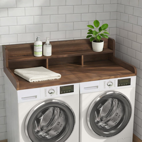 English Elm Washer Dryer Wood Look Shelf Topper with Raised Edge Double Layer Laundry Organizer Dark Walnut W2641P446883