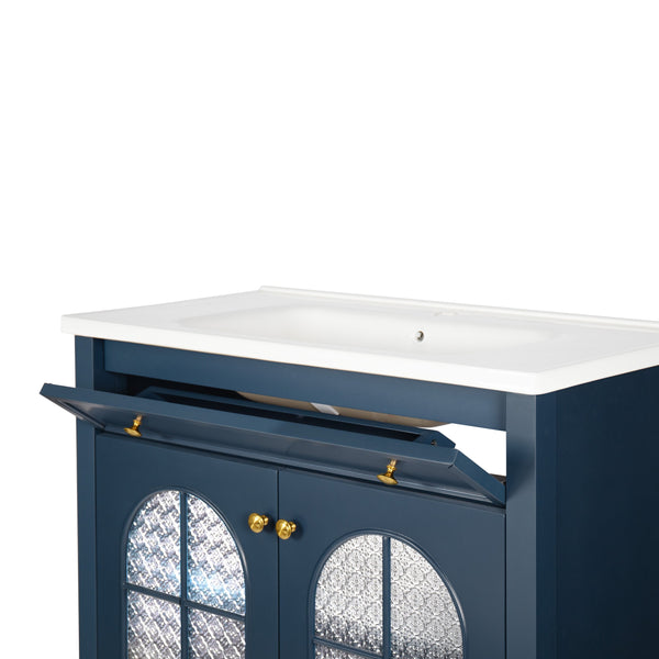 English Elm 35.6" Freestanding Bathroom Vanity with Roman Column Base and Ceramic Integrated Sink Blue W1801S00013