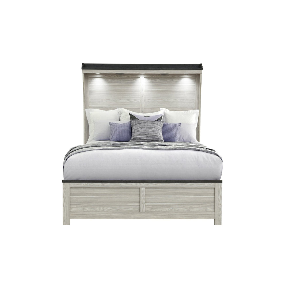 English Elm Augusta Solid Wood Full Bed with Lit Panel Headboard, Low Profile Sturdy Construction, Stylish Beige+Brown 60.83 L x 10.24 W x 49.41 H B201S00392