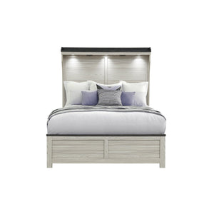 English Elm Augusta Solid Wood Full Bed with Lit Panel Headboard, Low Profile Sturdy Construction, Stylish Beige+Brown 60.83 L x 10.24 W x 49.41 H B201S00392