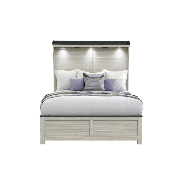 English Elm Augusta Solid Wood Full Bed with Lit Panel Headboard, Low Profile Sturdy Construction, Stylish Beige+Brown 60.83 L x 10.24 W x 49.41 H B201S00392