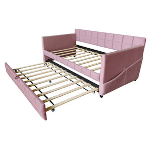 English Elm Modern Velvet Twin Daybed with Pull Out Trundle and Built in Armrest Storage Pockets Pink SF000200AAH