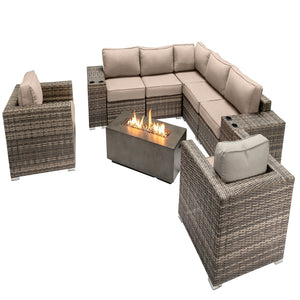 English Elm 6-Person Luxury Patio Seating Set with Concrete Fire Pit, HDPE Wicker, Plush Cushions, Turnkey Outdoor Retreat Grey B120S00105