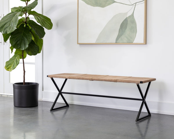 Sunpan ELON Bench - Artisan Light Tan Suede Leather Seating for Modern Entryway, Bedroom, or Living Room 110370