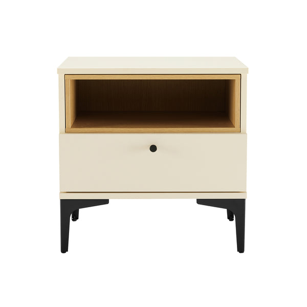 English Elm Amara Mid-Century Nightstand with Open Shelf and Full-Extension Drawer, Black Metal Legs, Compact Cream B365P398184