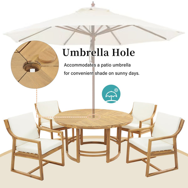 English Elm Outdoor Acacia Wood Dining Set Seats Six with Cushioned Armrest Chairs for Patio Beige,Light Teak N719Z000230L