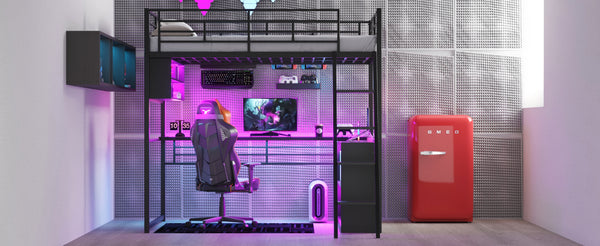 English Elm Full Metal Loft Bed with LED Desk & 4 Shelves, Black – Sturdy Full Frame, Color-Changing Lights, Compact GX000653AAB