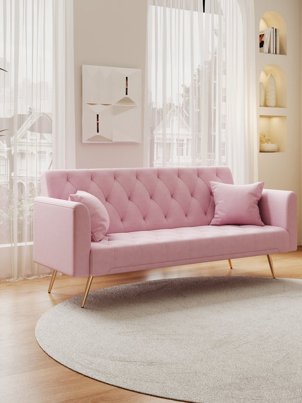 English Elm 71 Convertible Loveseat Sofa Bed Velvet Upholstered 2-Seater with Golden Legs, Retro Chic, 600lb Capacity Pink W165880948