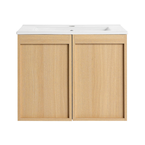 English Elm 24" Wall Mounted Bathroom Vanity Dark Oak Open Shelf Ceramic Sink Soft Close Door W3450P435843