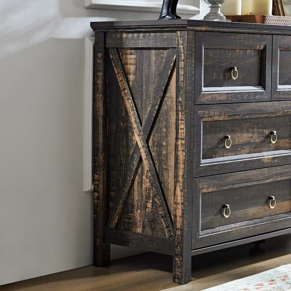English Elm Farmhouse Tall Five Drawer Chest Rustic Oak Barn Door Style Organizer for Bedroom W2393P197410