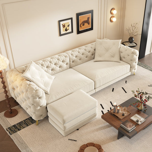 English Elm 97.6" Oversized Velvet Chesterfield Sleeper Sofa Floral Tufted Roll Arm Living Room Couch Beige+White W1885S00297