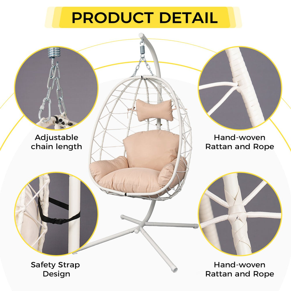 English Elm Hanging Egg Chair Woven Pe Wicker Swing with Stand Washable Cushion Patio Bedroom T5880P497559