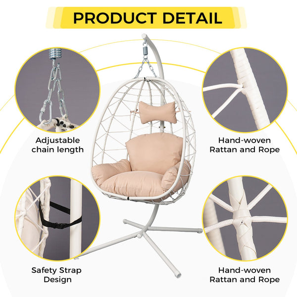 English Elm Hanging Egg Chair Woven Pe Wicker Swing with Stand Washable Cushion Patio Bedroom T5880P497559