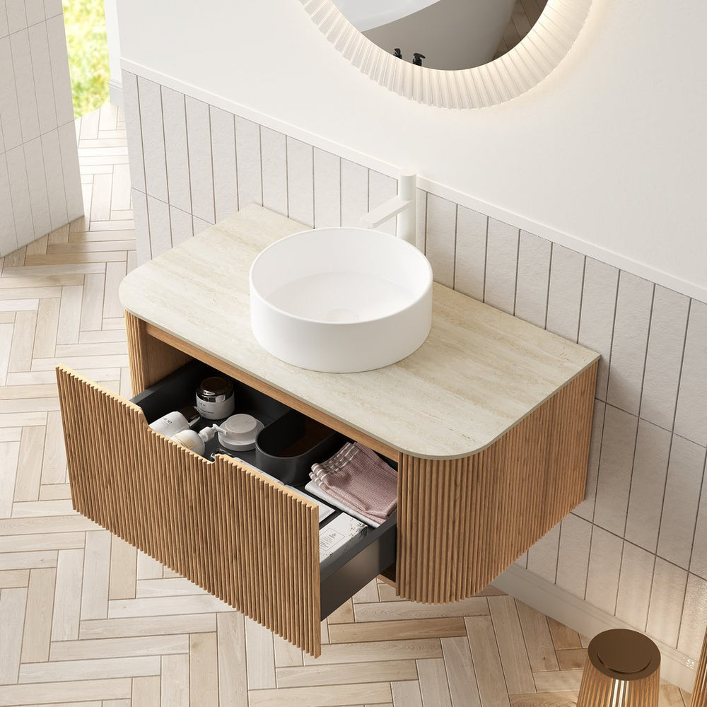 English Elm Dina Floating Bathroom Vanity Sintered Stone Top Glass Basin Striped Plywood Cabinet W2615S00341