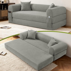 English Elm Convertible Corduroy Sleeper Sofa Queen Fold Out Bed with Dual Storage Pockets Light Gray W3396P483179