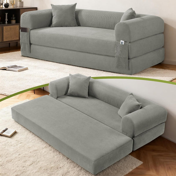 English Elm Convertible Corduroy Sleeper Sofa Queen Fold Out Bed with Dual Storage Pockets Light Gray W3396P483179